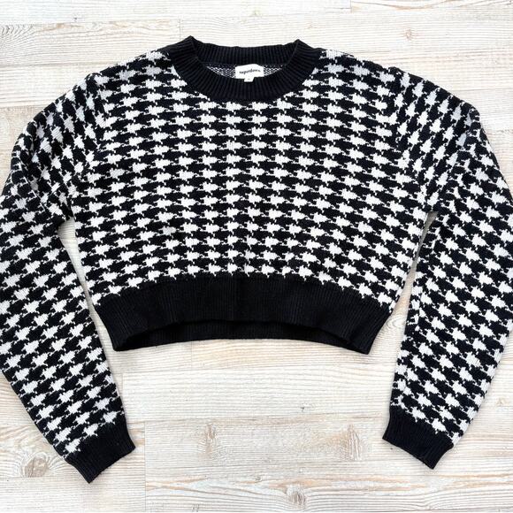 Superdown Felicity Houndstooth Cropped Crewneck Sweater | Black/White‎ M - Picture 1 of 7